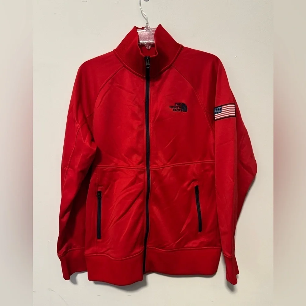 The North Face Men's Size Small Red full zip Jacket sweatshirt red USA flag logo